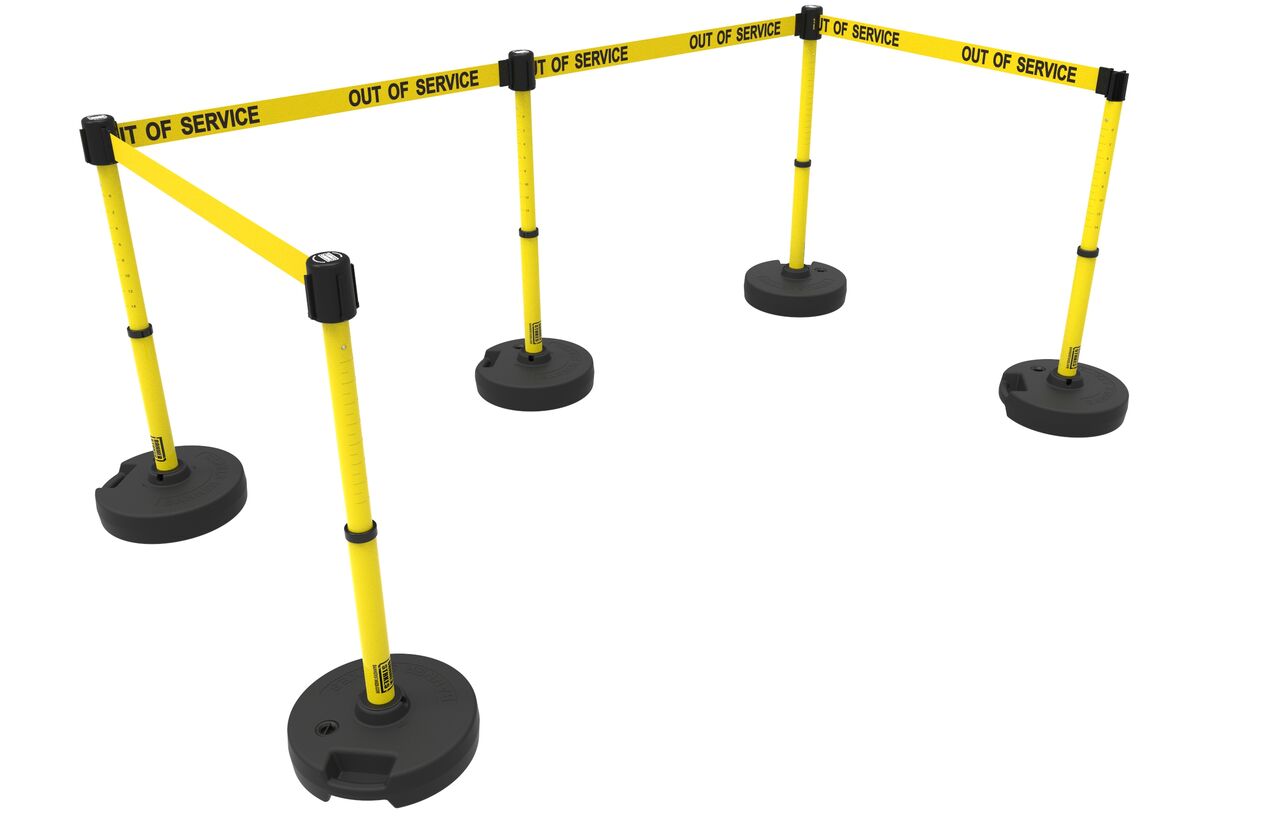 Banner Stakes Plus Barrier Set X5 With Yellow "Out Of Service" Banner